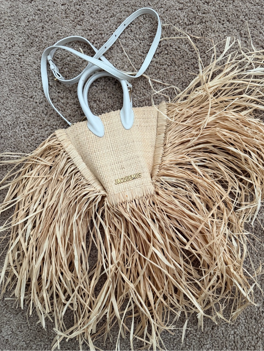 Jacquemus Natural Raffia Fringe Tote with White Leather Handles